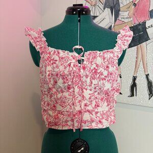 Women's Floral Print Tie Front Ruched Sweethear Neck Cap Sleeve Crop Blouse Top